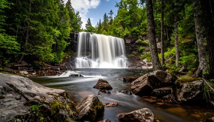 A cascading waterfall flows into a serene pool surrounded by lush green forest and large, mossy rocks. The water is blurred