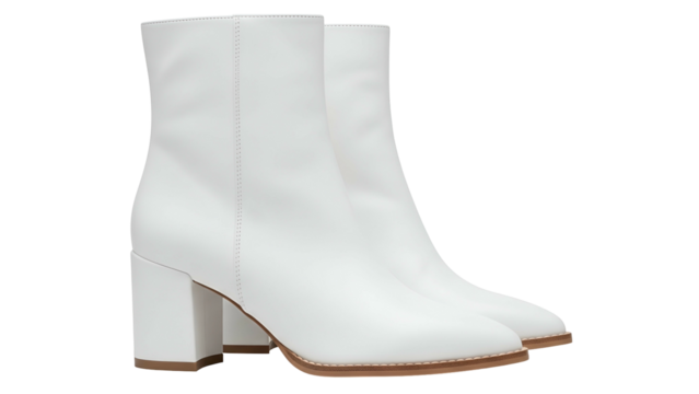 Pair of bright white leather ankle boots with block heels isolated on black