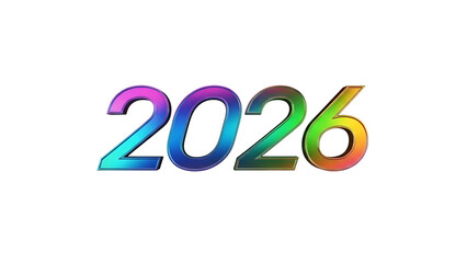 Three dimensional numerals representing the year two thousand twenty six are displayed with vibrant rainbow coloration against a dark background