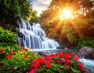 A breathtaking waterfall cascades into a serene pool, framed by lush greenery and vibrant flowers, bathed in golden sunlight