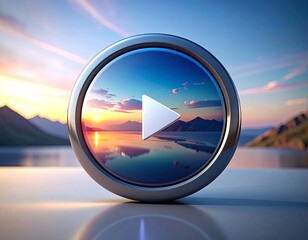 A metallic play button features a sunset lake scene. The button reflects light, set against a blurred sky