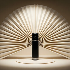 A sleek black cylindrical product stands on a circular stage against a large, pleated paper fan background under a spotlight.