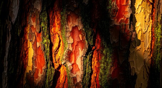 Vibrant Close-up of Textured Tree Bark with Moss and Rich Colors Nature Artwork
