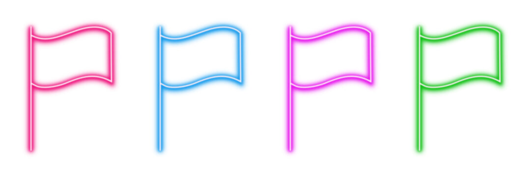 Neon glowing flag vector icons set, location, marker, destination, point, banner, vibrant colorful digital design on transparent background.
