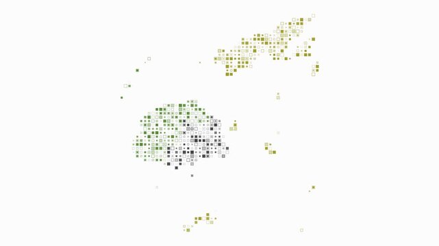 Fiji map animation. Shape of the country with pulsating colored dots. Small size square blocks. Digital style Fiji map on white background. Abstract video.