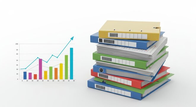 Colorful stacked office binders sit beside an ascending line and bar data visualization