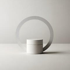 A minimalist white jar sits centered on a white surface, framed by a translucent grey circle.