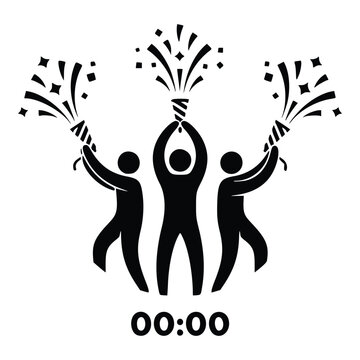 A festive icon of people celebrating the new year at midnight with exploding party poppers as the countdown clock strikes 0000