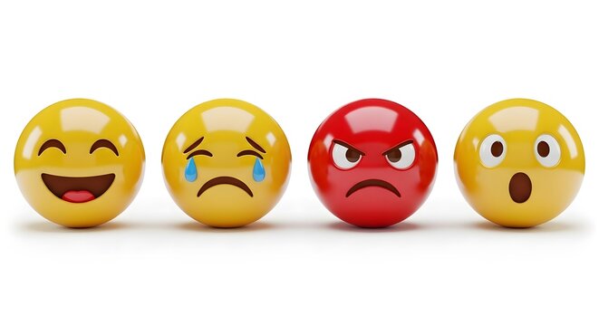 Set of Various Cartoon Emoji Faces Rendered on a White Surface Expressing Happiness Sadness Anger and Shock for Use in Digital Communication and User Interface Design Render