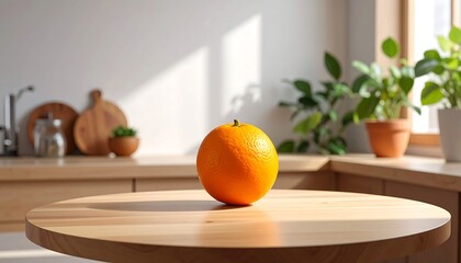 Single Orange on a Wooden Table in a Bright Kitchen.