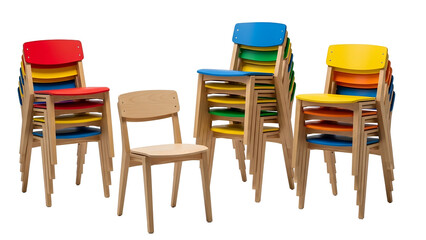 Stacks of brightly colored and natural wood chairs are displayed against a dark background