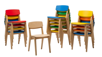 Stacks of brightly colored and natural wood chairs are displayed against a dark background