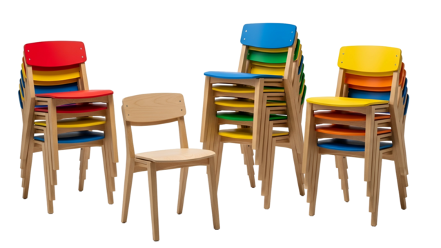 Stacks of brightly colored and natural wood chairs are displayed against a dark background