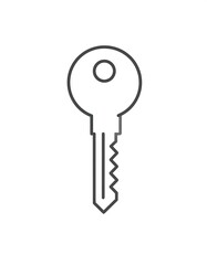 Simple, minimalistic outline illustration of a metal key with a circular head, the central post with angled edges