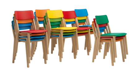 Multiple stacks of brightly colored wooden frame seating furniture are arranged against a dark background