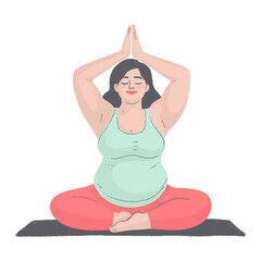 Plus-size woman or pregnant woman sitting in lotus position, body positivity or prenatal wellness.