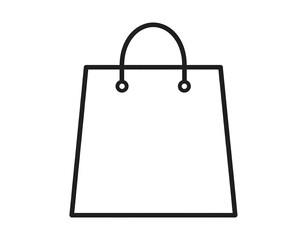Simple outline of a shopping bag, depicted with a handle at the top, and a rectangular body. Black lines against a white background