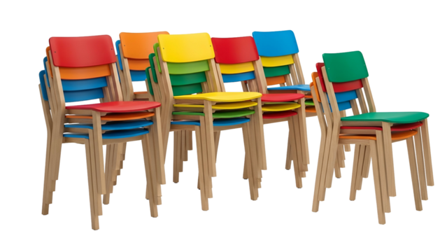 Multiple stacks of brightly colored wooden frame seating furniture are arranged against a dark background