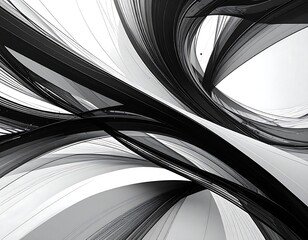 A grayscale, abstract composition with flowing, intertwined ribbons. Dynamic lines form curves across a bright background. Movement and depth is created with varying shades