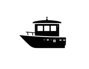 Simplified black silhouette of a small boat with a cabin