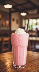 Tall glass of pink frozen beverage topped with whipped cream rests on a wooden table inside a cafe.