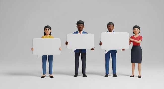 Diverse Group of Cartoon Business People Holding Blank Speech Bubbles Against Gray Background Symbolizing Communication Teamwork Feedback Opinions and Dialogue in Professional Settings