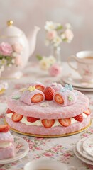 Pink strawberry shortcake dessert displayed for an elegant afternoon tea setting
