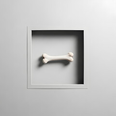 A single white bone is displayed like a museum artifact inside a minimalist gray shadow box frame.