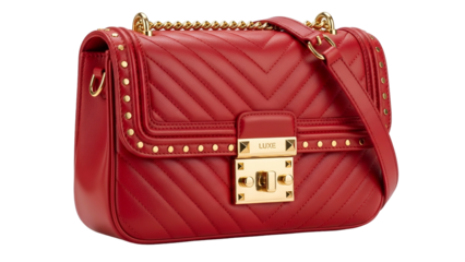 Quilted red leather shoulder bag features chevron stitching and gold tone hardware