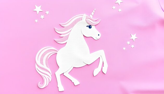 "Stylized white unicorn with pink mane and tail rearing on hind legs, surrounded by white stars on a pink background, whimsical fantasy art with gentle expression and blue eyes."