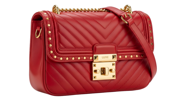 Quilted red leather shoulder bag features chevron stitching and gold tone hardware