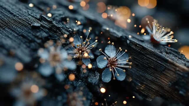 Close-up of delicate flowers on charred wood background