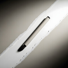 A sleek, modern pen resting diagonally on a bright white torn paper strip, contrasted against a dark, gradient background.