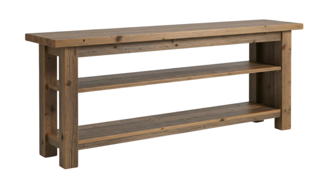Rustic wooden console table features a long surface and two lower storage shelves