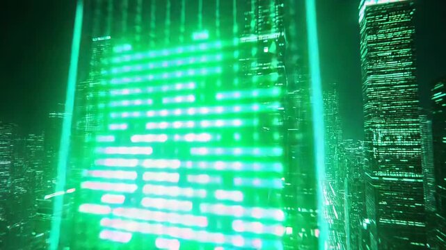 Cyberpunk urban landscape with green data transfer