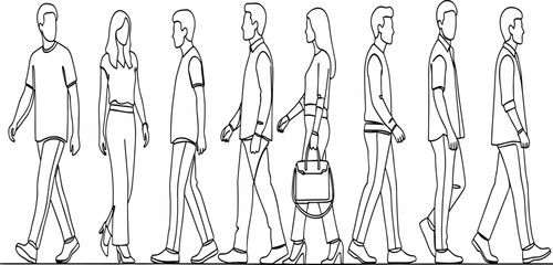 Group of Diverse Business People and Casual Individuals Walking in Simple Line Art Vector Illustration, Representing Commuting, Mobility, and Urban Routine
