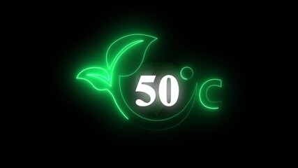Abstract Glowing neon digital temperature display showing 50°C on black background. Weather forecast related animation. Weather temperature displays by degree, climate change, scientific designs.