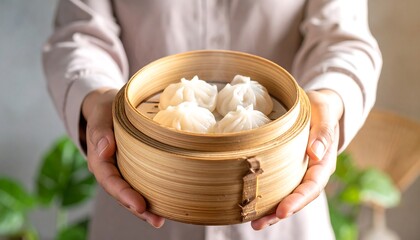 Steaming Dim Sum Dumplings in Bamboo Steamer Basket.