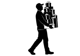 Silhouette of a delivery man walking with a large stack of gift boxes.