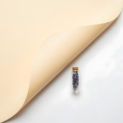 Minimalist flat lay of beige paper with curled corner and small glass vial of dried lavender flowers on white background.