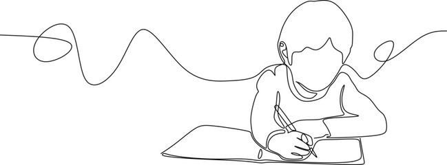 Fototapeta premium Continuous line drawing. Child studying. Vector illustration.