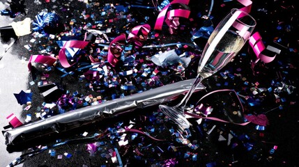 Champagne glass with confetti and streamers celebrating special events