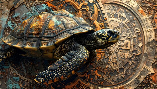 A close-up view of a turtle emerging from a decorative, etched circular surface in warm hues. The shell exhibits vibrant color