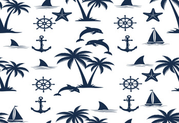 Obraz premium Seamless Nautical and Tropical Pattern Vector Illustration Featuring Silhouettes of Palm Trees, Anchors, Dolphins, and Starfish, Ideal for Beach Themed Textiles and Wallpaper