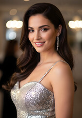 She is wearing a glittering silver party dress,generative ai