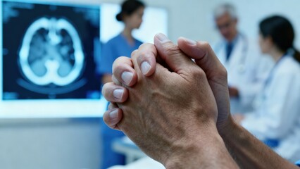Hands clasped in prayer or concern, with medical professionals and an MRI scan in the background.