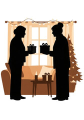 Silhouette of two women standing and exchanging wrapped gift boxes.