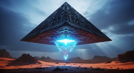 Massive Sci-Fi Pyramid Hovering Over Arid Desert, Emitting Bright Blue Energy.