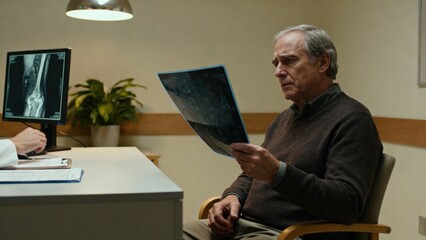 An elderly man examines medical images in a doctor's office, showing concern and contemplation.