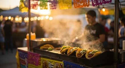 Savory street food items steam on a hot griddle at an outdoor night market stall